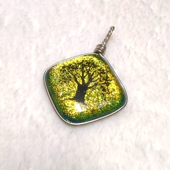 Artisan Made Dichroic Glass Tree Of Life Pendant Wrapped In Sterling Wire - Picture 7 of 9